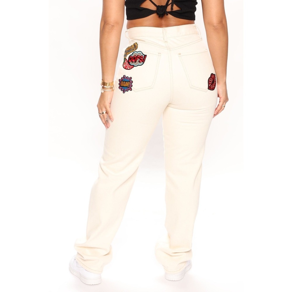New 3 Fashion Nova Beige Patch Jeans Straight Mom Destructed Denim‎ Retro